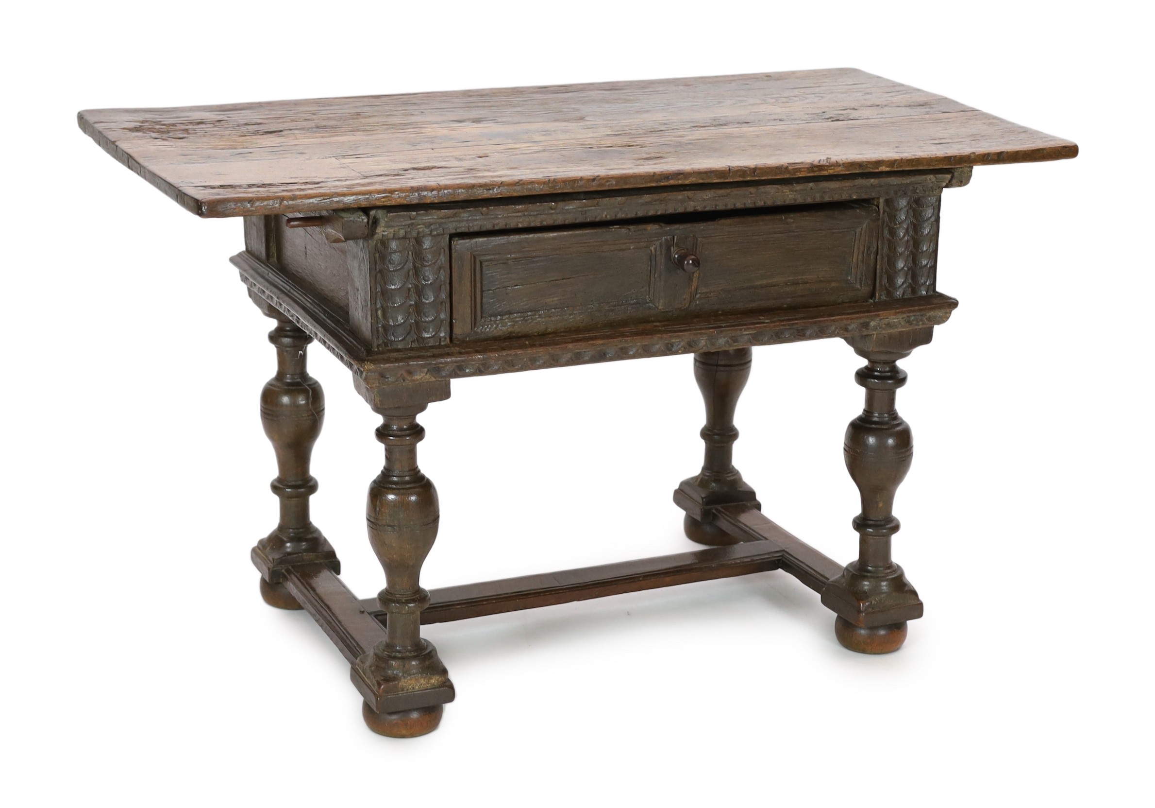 A late 17th century Dutch oak side table, width 132cm, depth 65cm, height 79cm